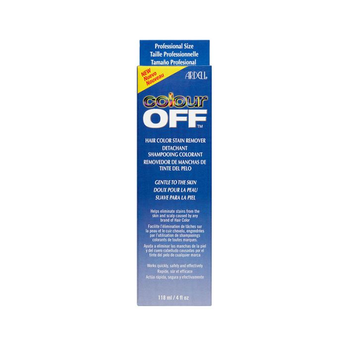 Front view of a blue Ardell Colour Off Hair Color Stain Remover retail box with product information printed in 3 languages