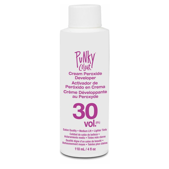Front view of a white 4 ounce bottle of Punky Colour 30 Volume Cream Peroxide Developer with pink text