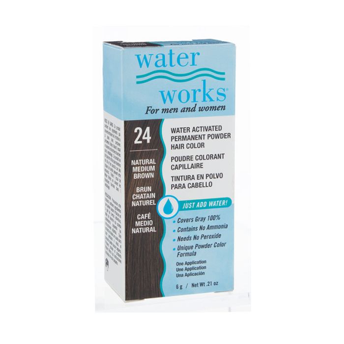 Water Works Permanent Powder Hair Color 24 Natural Medium Brown box slightly facing right showing warnings on its side