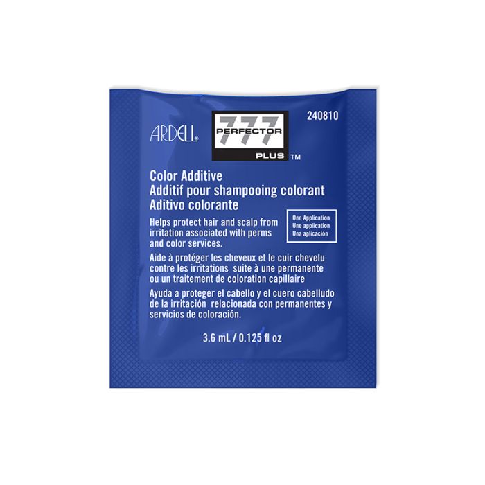 Front view of a 0.125 ounce blue packet of Ardell 777 Perfector Plus Color Additive with product description in 3 languages