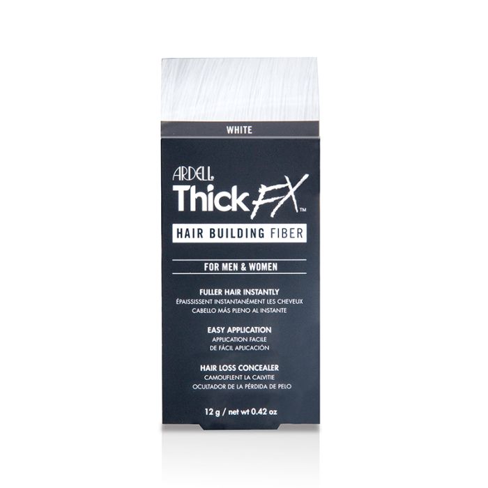 Thick FX Hair Building Fibers - White retail box with printed product details in three different laguages