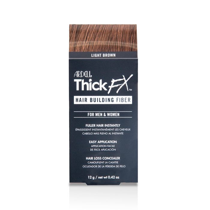 Thick FX Hair Building Fibers - Light Brown retail box with printed product details in three different laguages