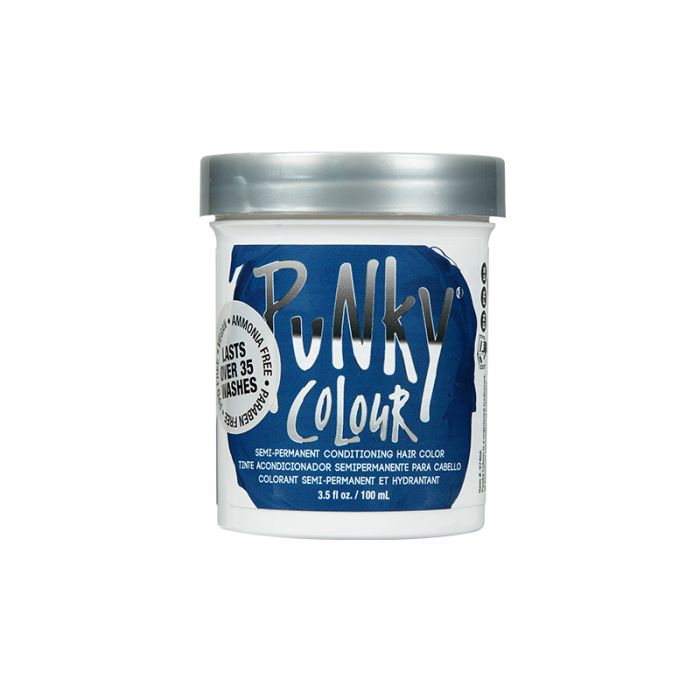 3.5-ounce container of Punky Colour Semi-Permanent Conditioning Hair Color Midnight Blue with silver cap & blue label