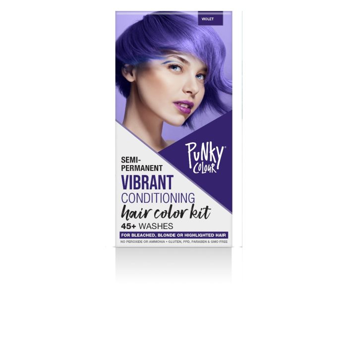 Front view of Punky Colour Semi Permanent Hair Color Kit Violet retail box featuring model with violet hair & product details