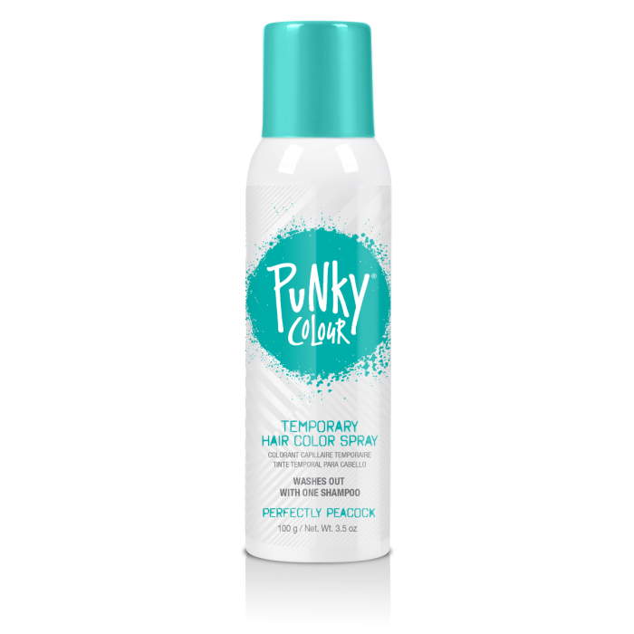 A 3.5 ounce spray can of Punky Colour Temporary Hair Color Spray Perfectly Peacok with a pastel blue green cap