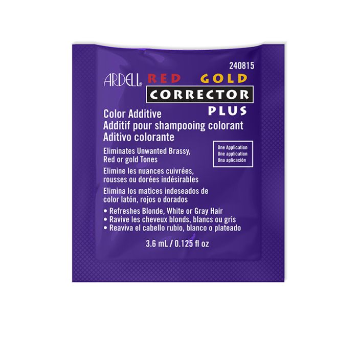 A purple 0.125 ounce packet of Ardell Red Gold Corrector Plus Color Additive with product information in 3 languages