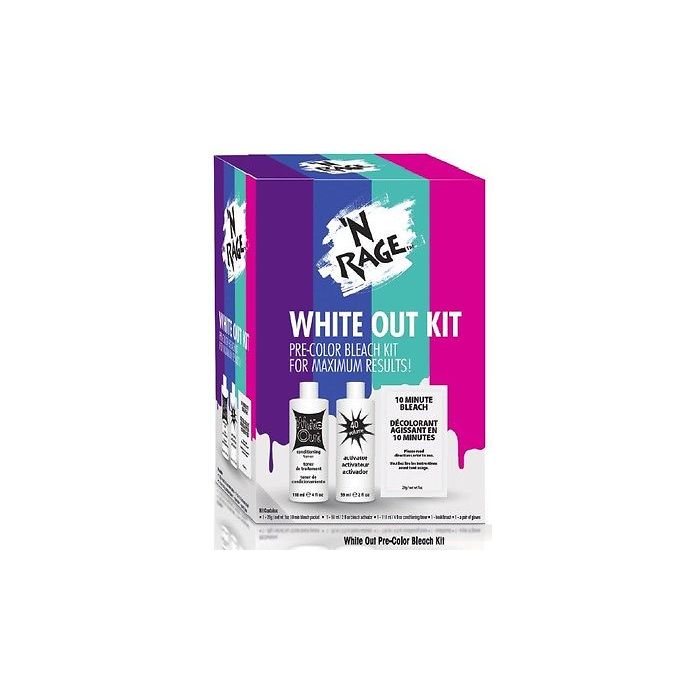 Colorful N Rage White Out Pre Color Bleacher & Toner Kit retail box retail depicting its contents