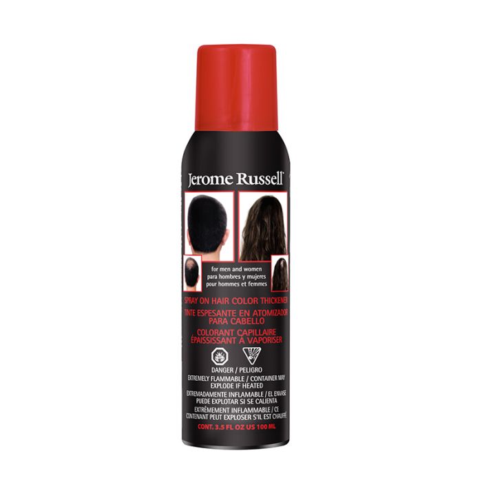 3.5 ounce spray can of Jerome Russell Spray On Hair Color Thickener Black with illustrations of before & after results