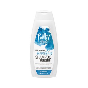 An 8.5 ounce bottle of Punky Colour Depositing Shampoo Conditioner Bluemania facing forward showing its blue themed label