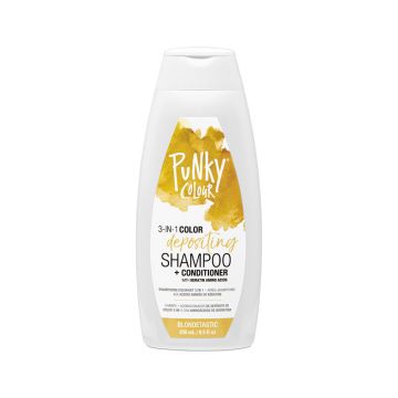 Front view of an 8.5 - ounce 3-in-1 Color Depositing Shampoo + Conditioner in Blondetastic variant with printed product detail