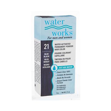 Water Works Water Activated Permanent Powder Hair Color 21 Blue Black retail box with preview of hair color result
