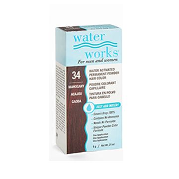 Retail box of Water Works Water Activated Permanent Powder Hair Color 34 Mahogany slightly facing to its left