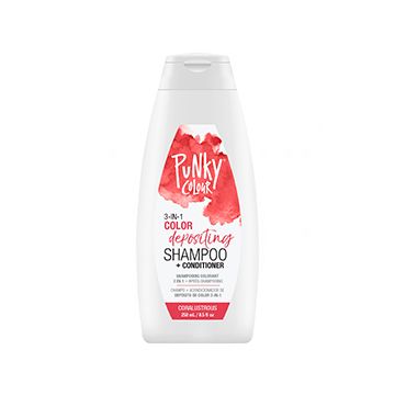 An 8.5 ounce bottle of Punky Colour 3 in 1 Color Depositing Shampoo Conditioner Coralustrous with coral themed label
