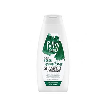 A white 8.5 ounce bottle of Punky Colour 3 in 1 Color Depositing Shampoo Conditioner Greengarious with green themed lable