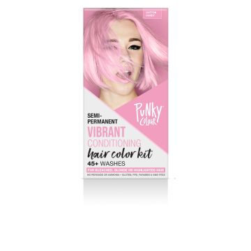 The front side of Punky Colour Semi-Permanent Hair Color Kit Cotton Candy box featuring model, product name, & description 
