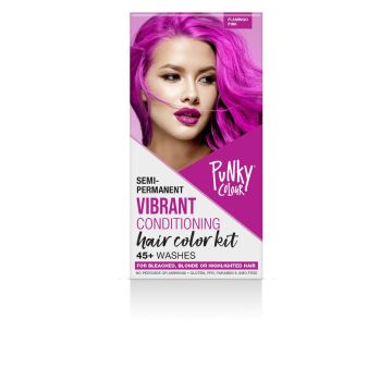 Front view of Punky Colour Semi Permanent Hair Color Kit Flamingo Pink box  featuring pink haired model & product description