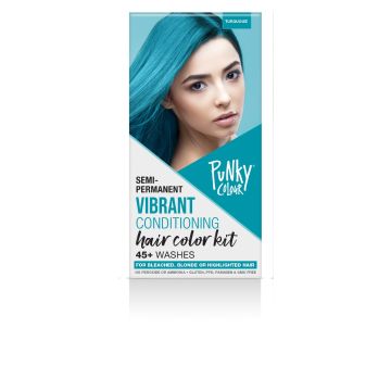 Front view of Punky Colour Semi-Permanent Hair Color Kit Turquoise box with the blue-haired model, product name, & description