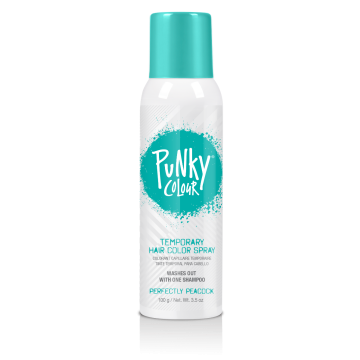 A 3.5 ounce spray can of Punky Colour Temporary Hair Color Spray Perfectly Peacok with a pastel blue green cap