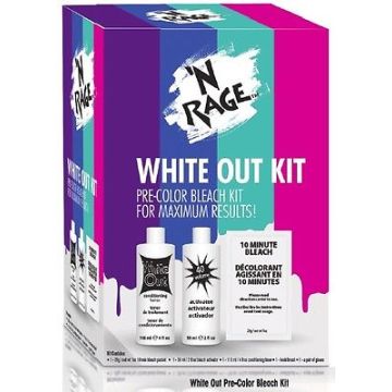 Colorful N Rage White Out Pre Color Bleacher & Toner Kit retail box retail depicting its contents